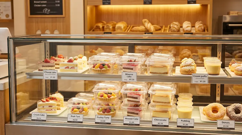 Clear PET/RPET rectangular dessert container with spoon for bakery refrigerated dessert display