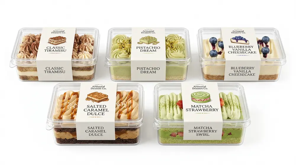 Clear PET/RPET rectangular dessert containers with branded paper sleeves for tiramisu, pistachio cake, blueberry cheesecake, salted caramel dessert, and matcha strawberry cake.