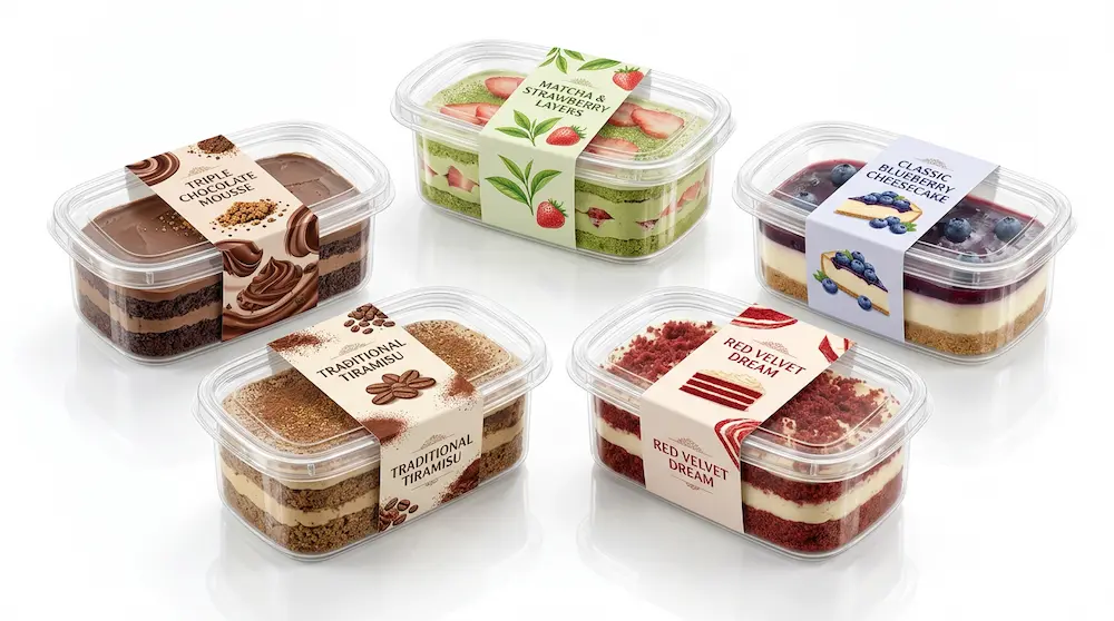 Clear PET/RPET rectangular dessert containers with anti-fog lids and branded sleeves for mousse, tiramisu, cheesecake, matcha cake, and red velvet desserts.