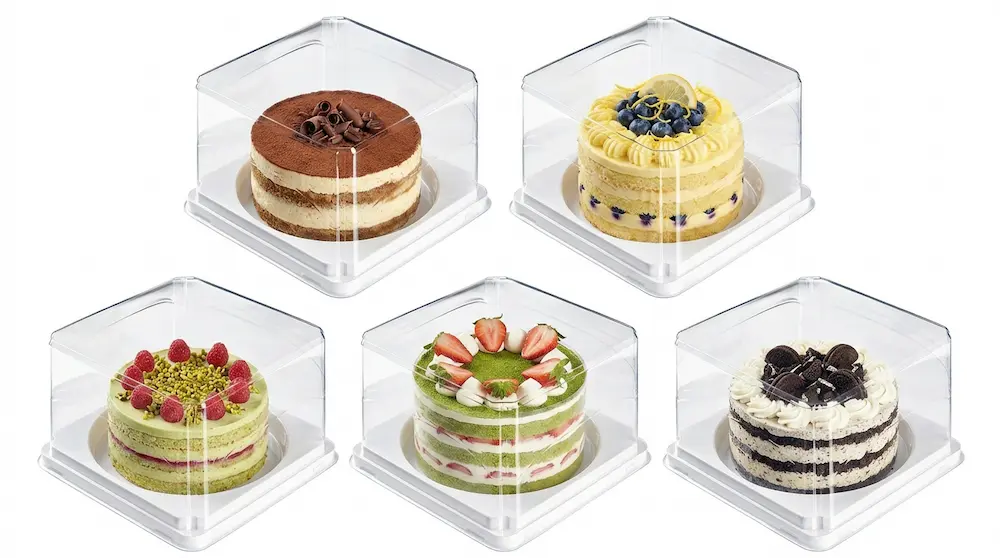 Clear PET/RPET small cake containers with assorted cakes for dessert packaging display