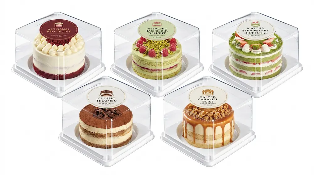Clear PET/RPET small cake containers with assorted labeled cakes for bakery display