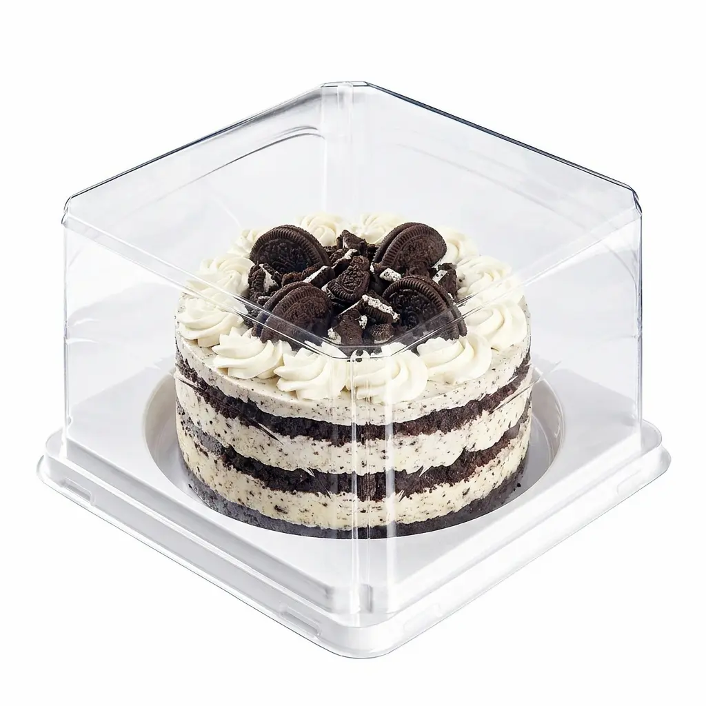 Clear PET/RPET small cake container with cookies and cream cake for bakery retail