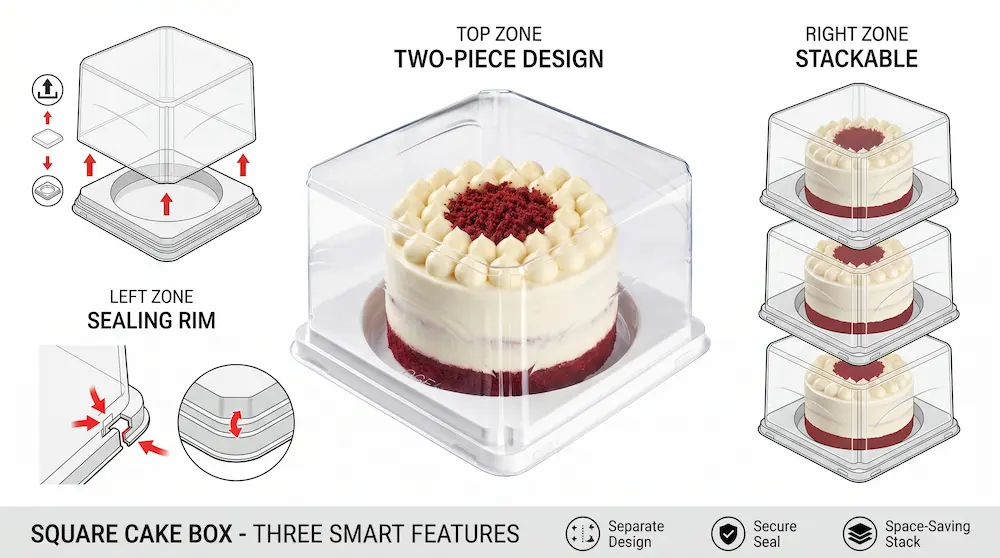 Clear PET/RPET square cake box with two-piece design sealing rim and stackable feature