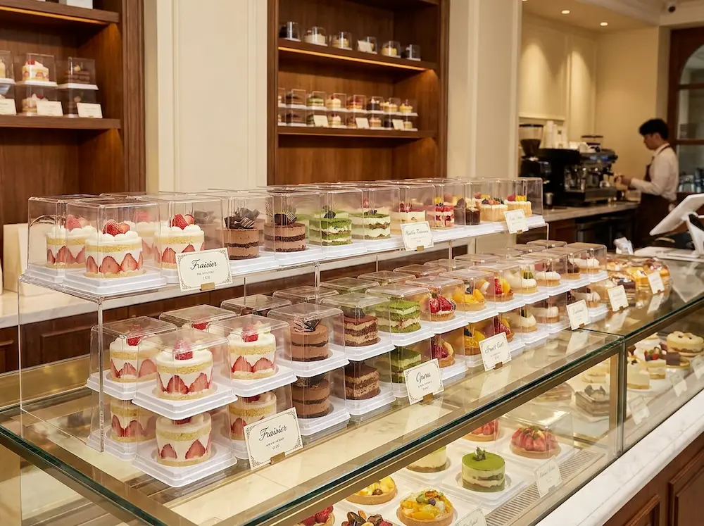 Clear PET rPET small cake containers for pastry shop dessert showcase