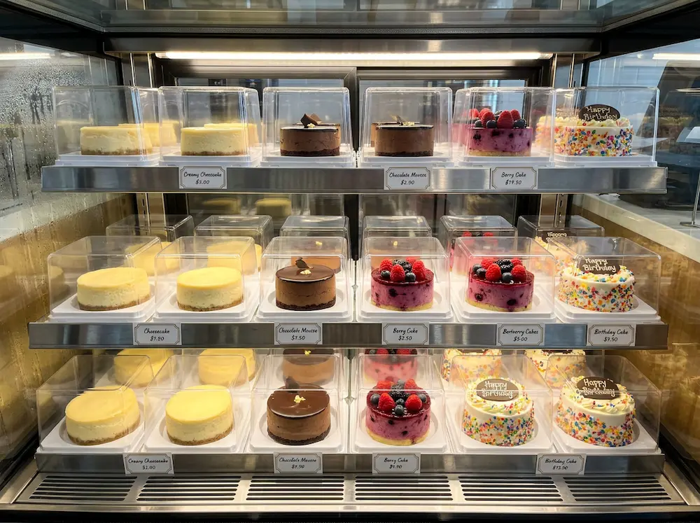 Clear PET rPET small cake containers in refrigerated bakery display case