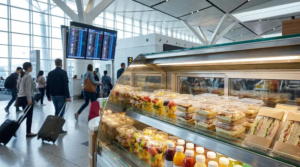 Clear PET/RPET square dessert containers displayed in an airport grab-and-go refrigerated case with fruit cups and sandwiches