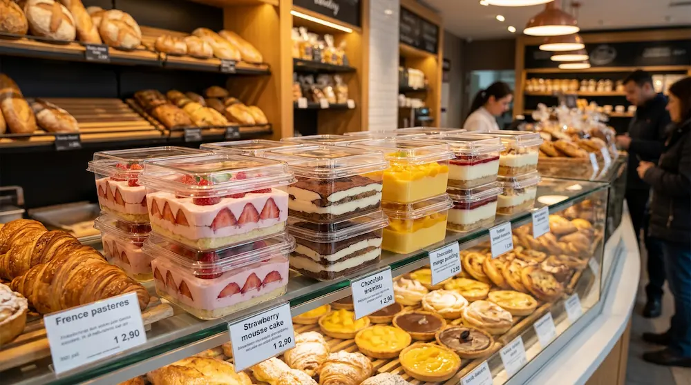 Clear PET/RPET square dessert containers displayed in an artisan bakery ready-to-eat dessert section