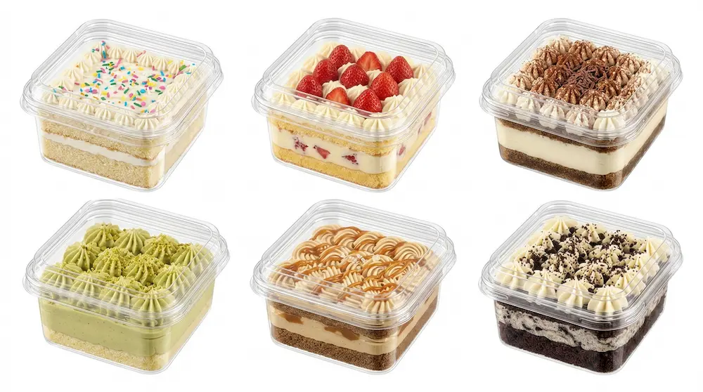 Six clear PET/RPET square dessert containers filled with birthday cake, strawberry cream cake, tiramisu, pistachio cake, caramel cake, and cookies and cream cake.