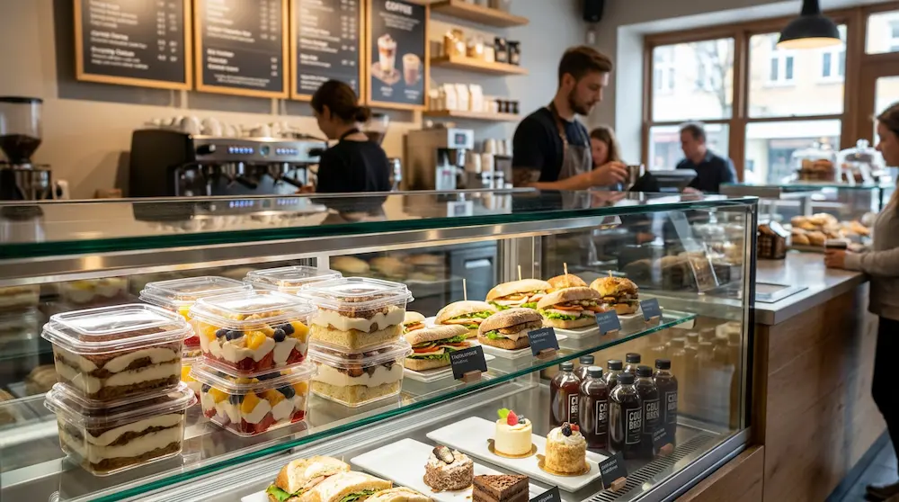 Clear PET/RPET square dessert containers in a coffee shop chilled display with sandwiches, cakes, and bottled drinks