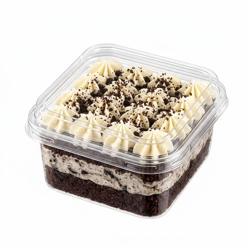 Clear PET/RPET square dessert container filled with cookies and cream cake for chilled bakery and dessert shop packaging.