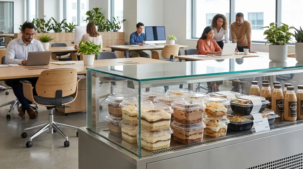 Clear PET/RPET square dessert containers in a shared office grab-and-go refrigerated display with drinks and light meals