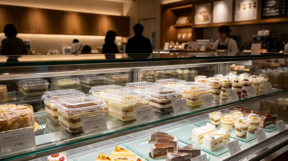 Clear PET/RPET square dessert containers displayed in a premium dessert shop refrigerated showcase with layered cakes