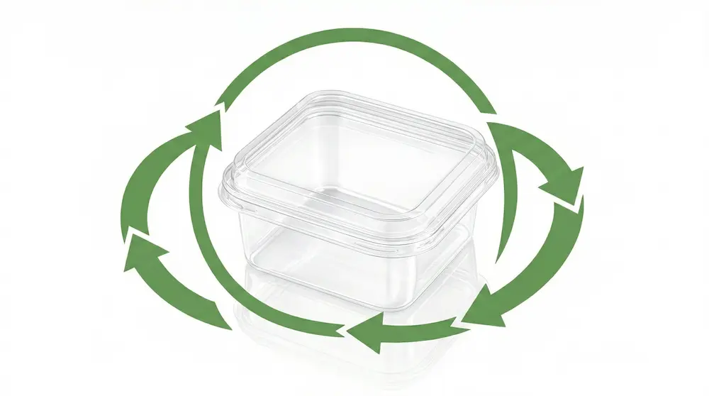 Clear PET/RPET square dessert container shown with green recycling arrows for recyclable cake and bakery packaging.
