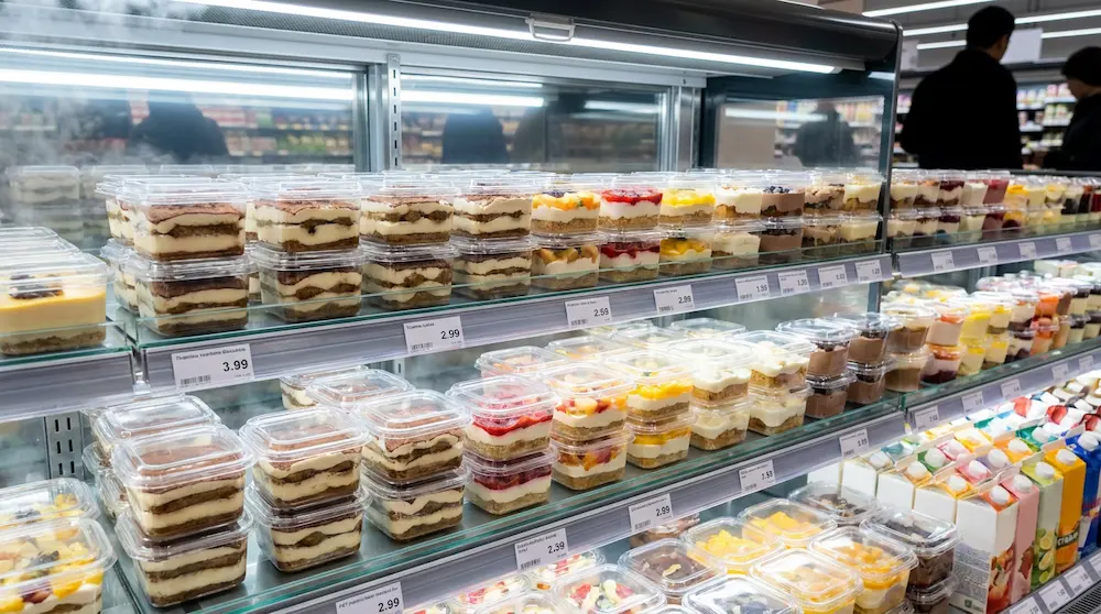 Clear PET/RPET square dessert containers stacked on a supermarket chilled dessert shelf for ready-to-eat cakes