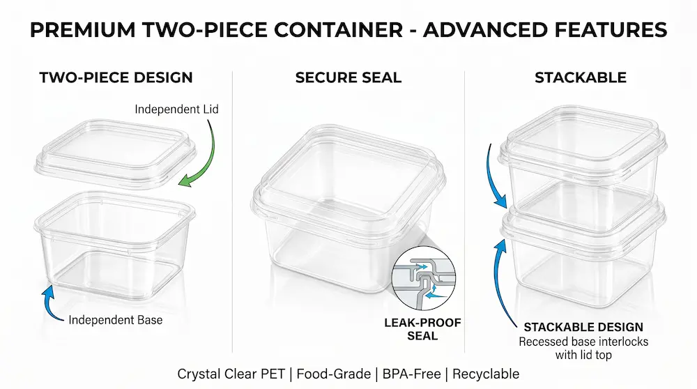 Clear PET/RPET square dessert container showing two-piece design, secure seal, and stackable structure for bakery packaging.