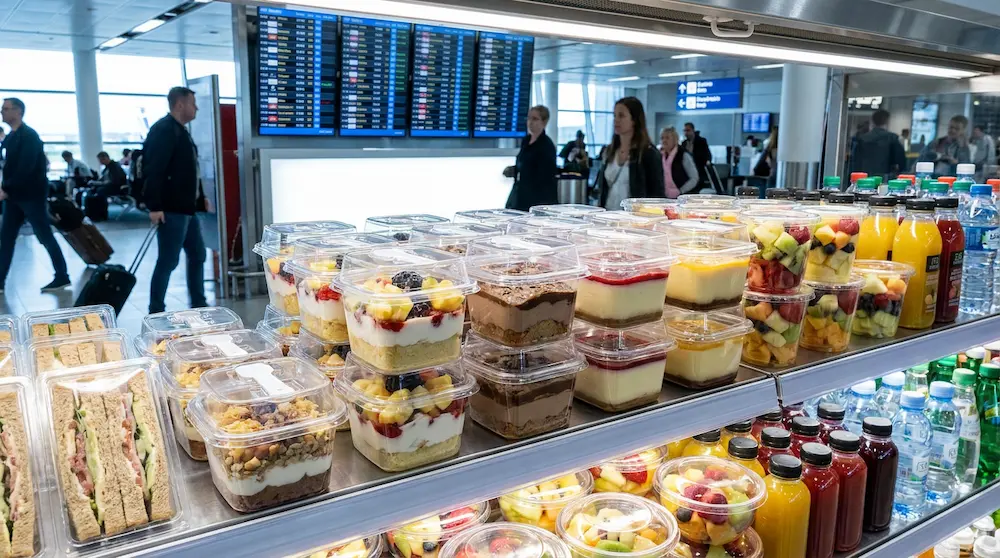 Clear PET/RPET tall square dessert container with spoon for airport grab-and-go refrigerated display