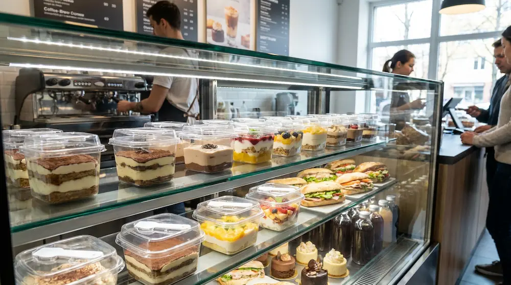 Clear PET/RPET tall square dessert container with spoon for cafe dessert display and takeaway service