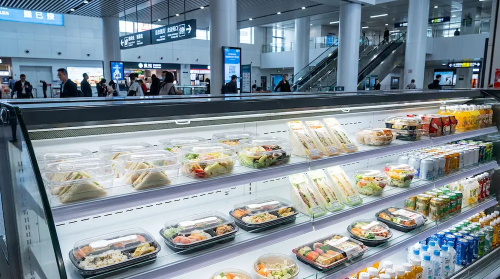 Clear PET/RPET tiramisu container with spoon for airport grab-and-go chilled food display