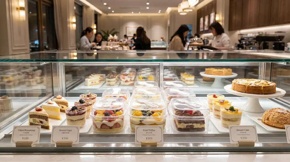 5.12 x 3.54 x 2.56 clear PET/RPET tiramisu container with spoon displayed in a premium bakery dessert counter