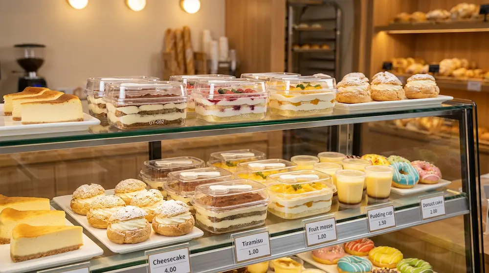 Clear PET/RPET tiramisu container with spoon for bakery shelves and dessert takeaway display