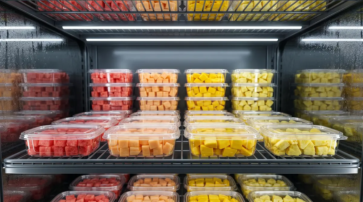 17OZ clear PET single-compartment containers for ready-to-eat fruit in convenience store refrigerated shelf