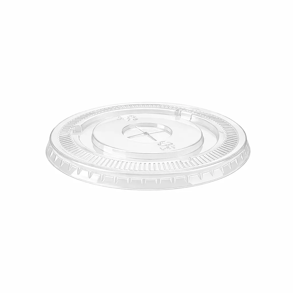 98mm PET/RPET Flat Lid with Straw Slot for Cold Drink Cups 1 Clear PET flat lid for cold cups, juice, iced coffee, and straw drinks