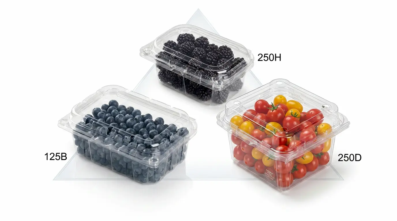 Clear PET small fruit containers for blueberries, blackberries, and cherry tomatoes