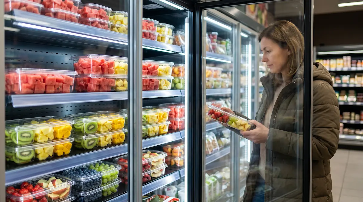 Retail shelf display of clear PET snack containers with multi-section fruit assortments in supermarket chiller