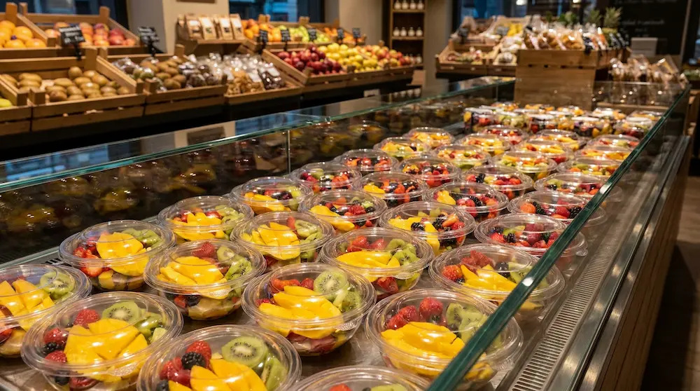 Clear PET tamper evident bowls with anti-fog dome lids for fruit shop refrigerated counter display