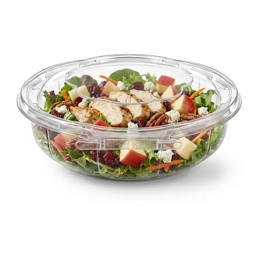 clear-pet-tamper-evident-round-bowl-harvest-chicken-salad Clear PET tamper evident round bowl with anti-fog dome lid for harvest chicken apple pecan salad