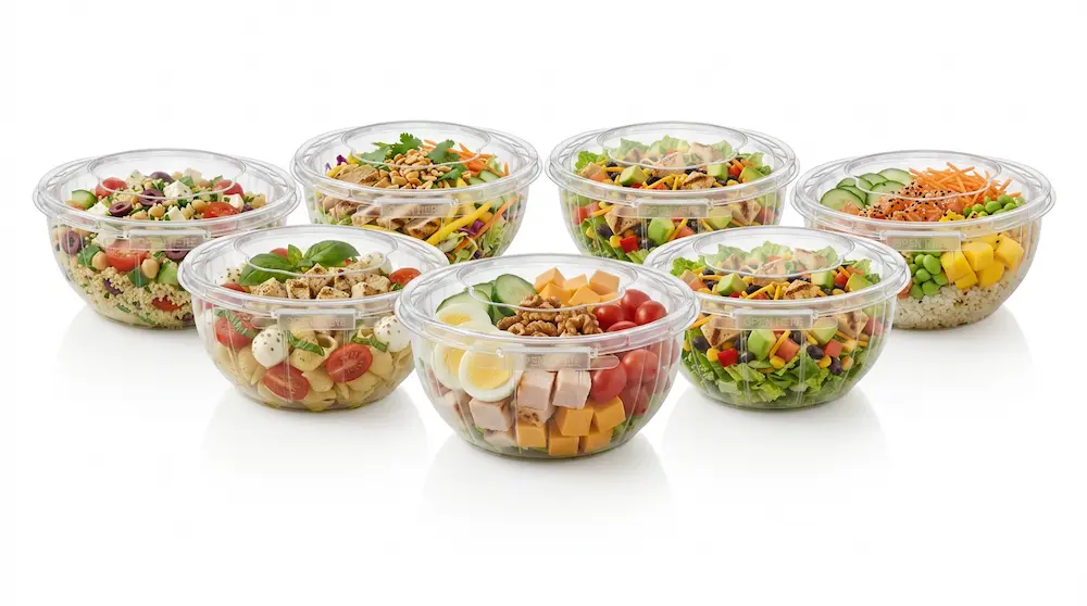Clear PET tamper evident salad bowls with anti-fog dome lids for ready-to-eat meals