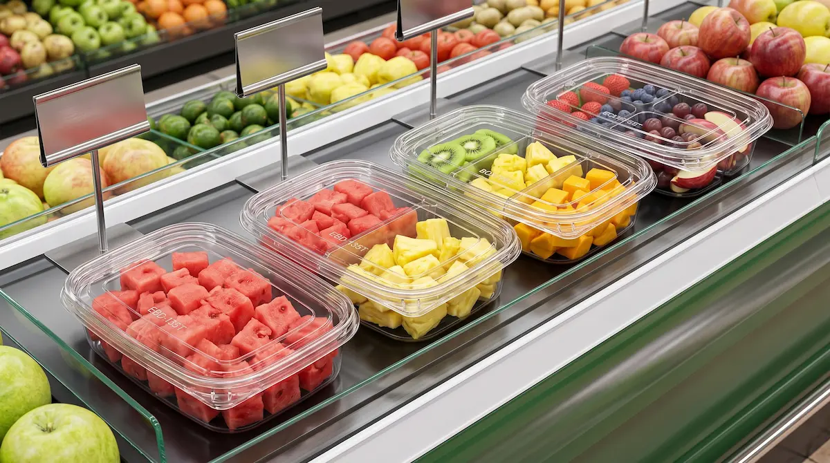 Clear PET three-compartment snack containers displayed on refrigerated shelf with fresh fruit assortments