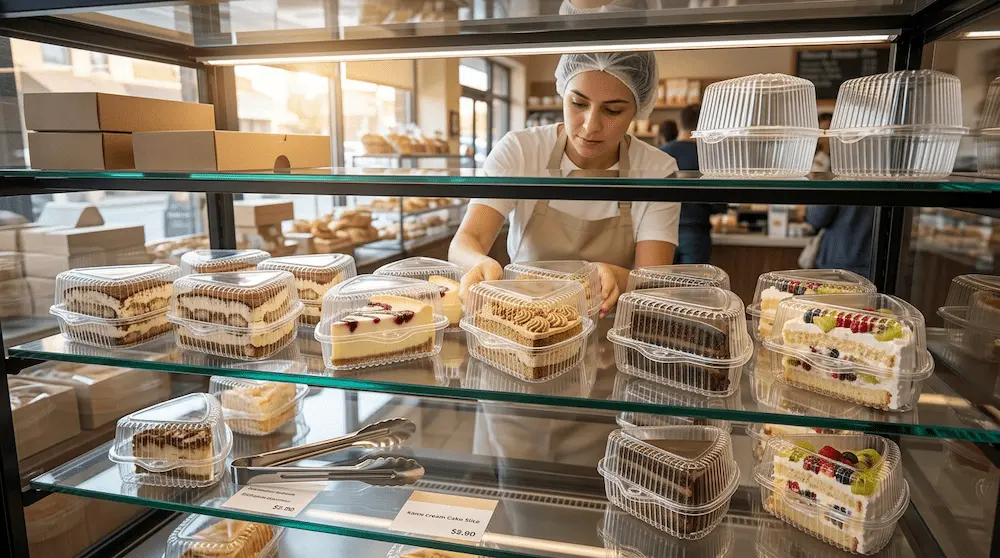 Bakery staff restocking clear PET triangle cake slice containers with high dome hinged lids in a display case