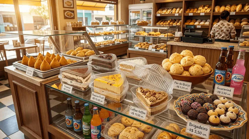 Clear PET triangle cake slice containers with high dome hinged lids in a Brazilian bakery display