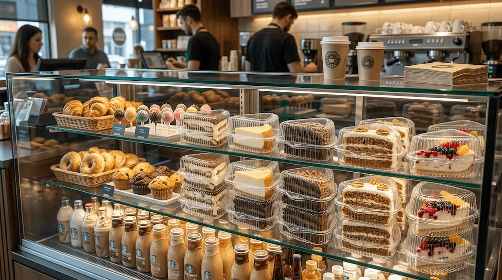 Clear PET triangle cake slice containers with high dome hinged lids in a coffee shop bakery display case