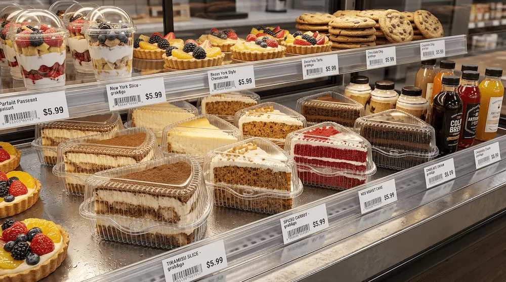 Clear PET triangle cake slice containers with high dome hinged lids in a grocery grab-and-go dessert cooler