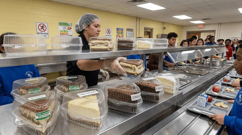 Clear PET triangle cake slice containers with high dome hinged lids used in a school cafeteria dessert service line