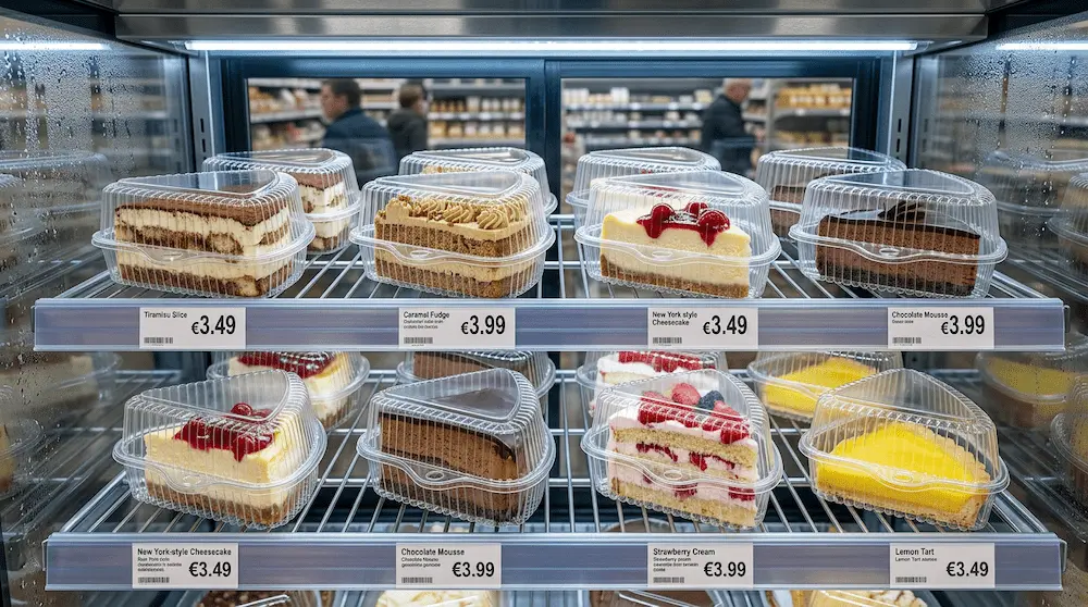 Clear PET triangle cake slice containers with high dome hinged lids in a European supermarket bakery chiller