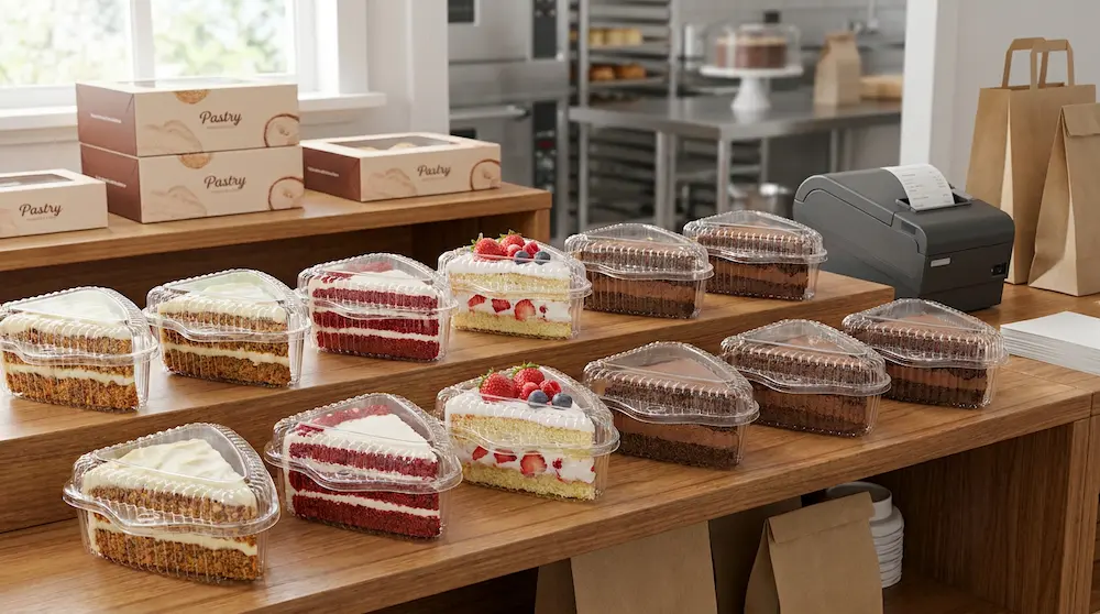 Clear PET triangle cake slice containers arranged on a bakery pickup shelf with pastry boxes and bags