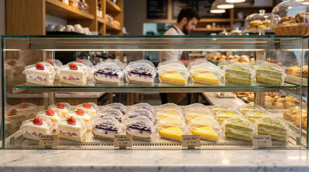 Clear PET triangle cake slice containers with low dome hinged lids displayed in a bakery glass showcase