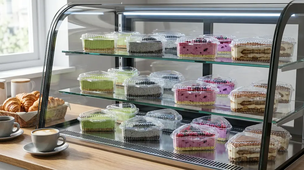 Clear PET triangle cake slice containers in a cafe refrigerated display case for chilled desserts