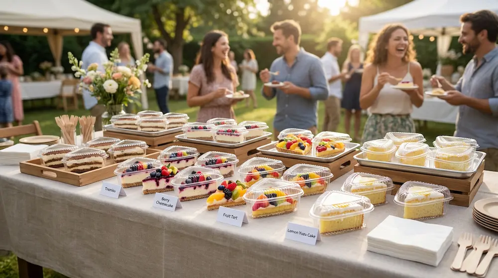 Clear PET triangle cake slice containers used for outdoor catering dessert table service
