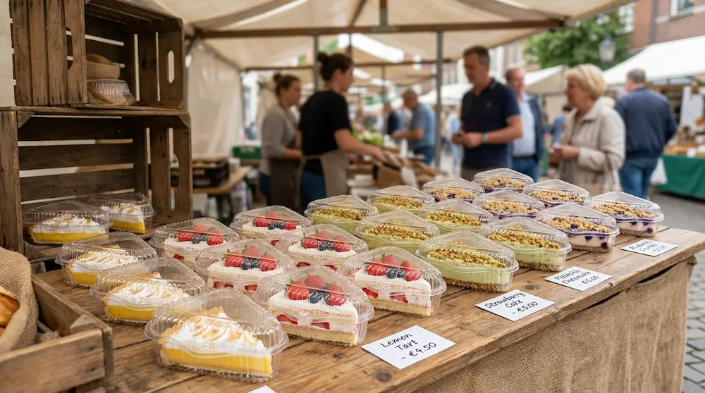 Clear PET triangle cake slice containers displayed at an outdoor weekend dessert market stall
