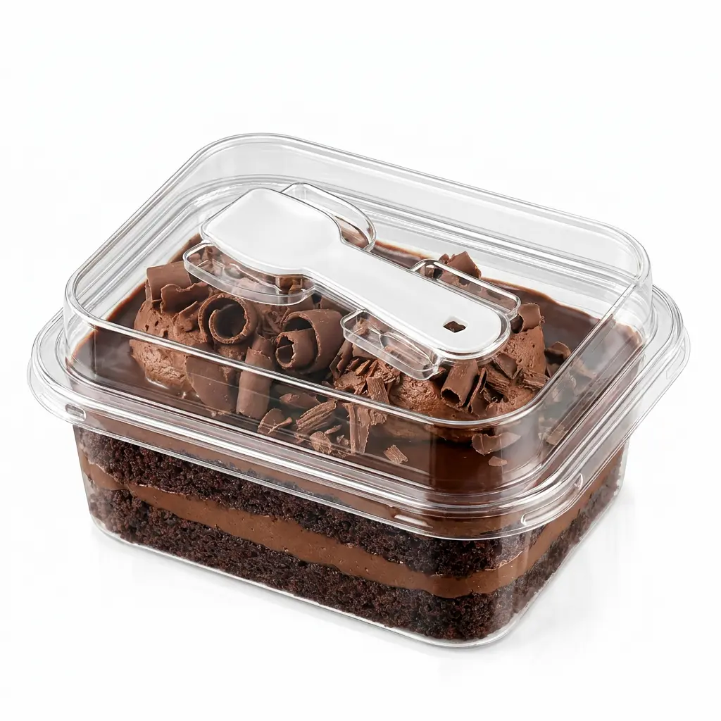 clear-rectangular-pet-cake-box-chocolate-fudge-cake Clear rectangular PET cake box with spoon lid for chocolate fudge cake