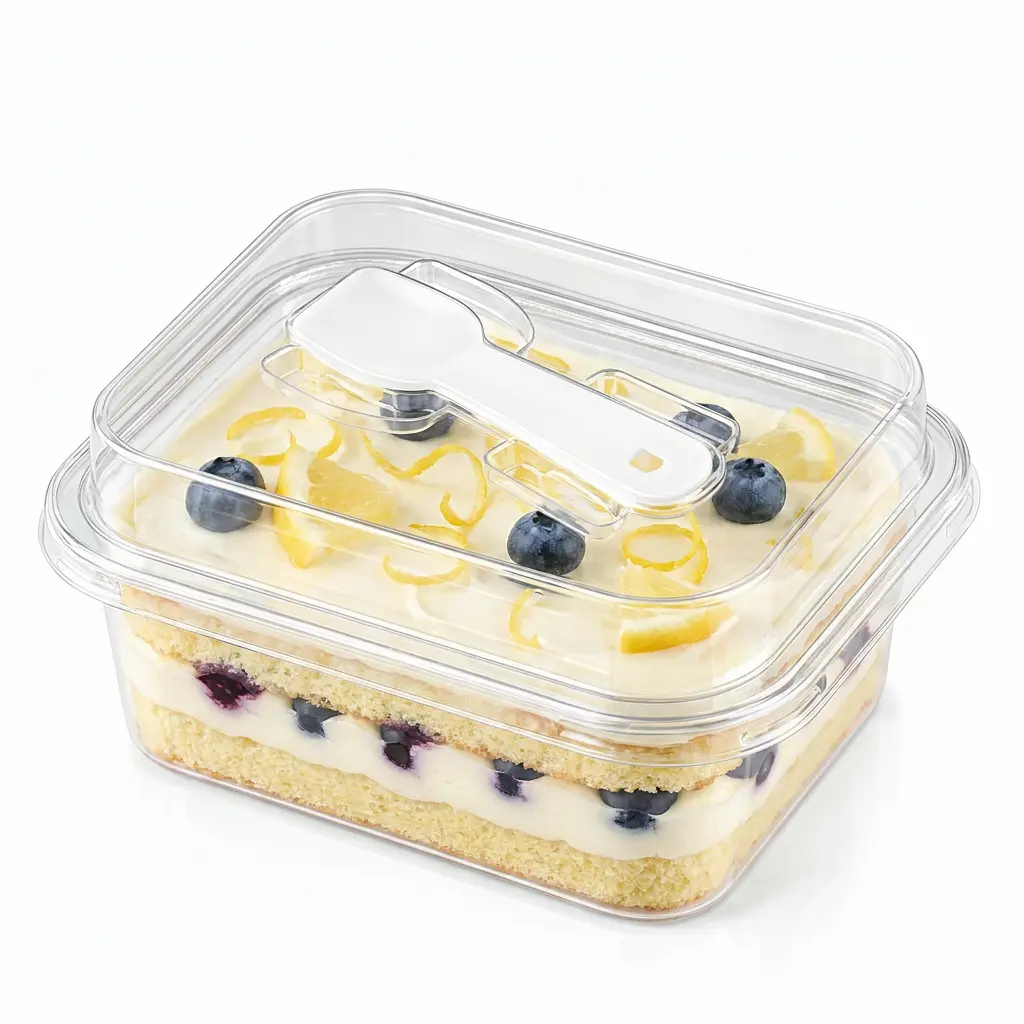 clear-rectangular-pet-cake-box-lemon-blueberry-cake Clear rectangular PET cake box with spoon lid for lemon blueberry cake