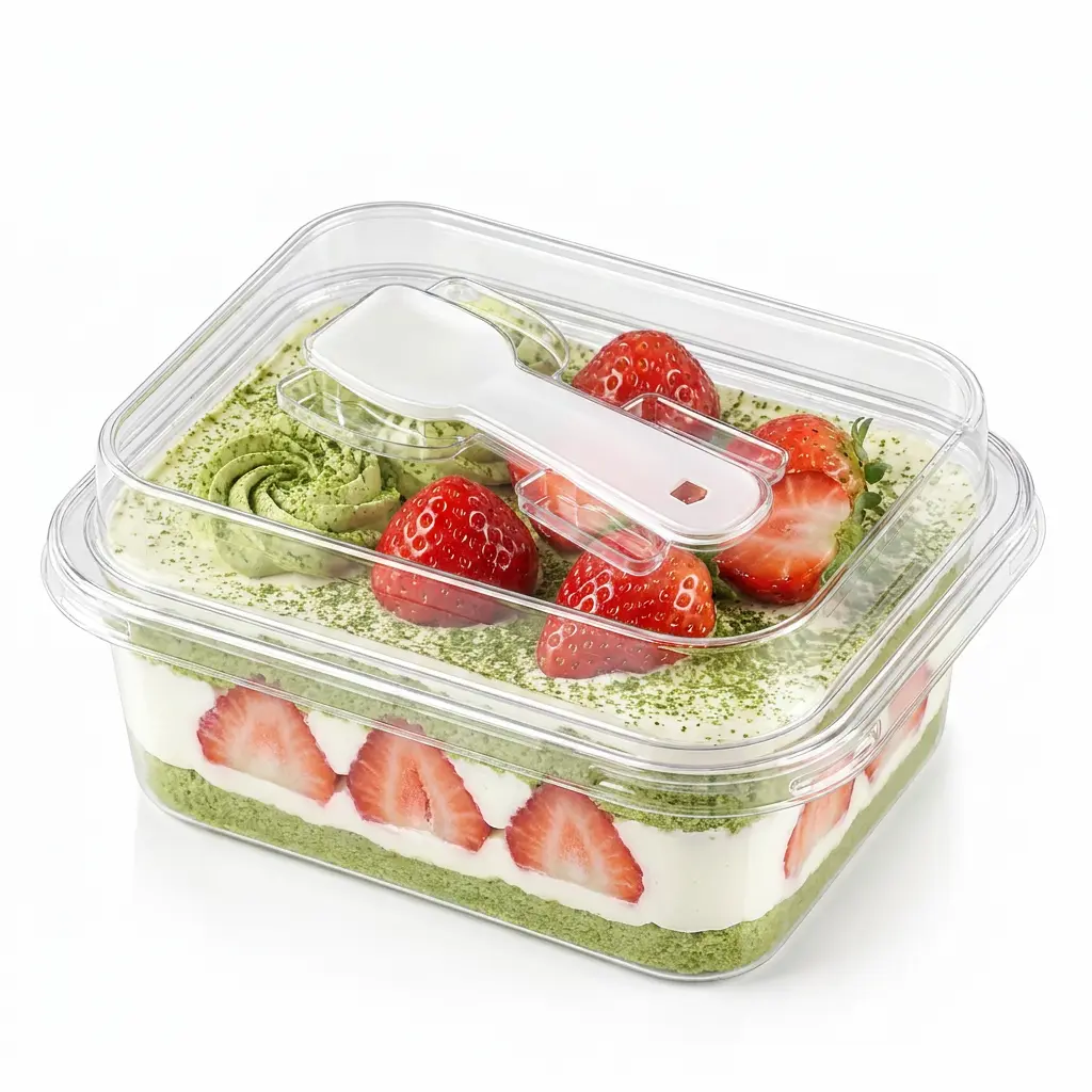clear-rectangular-pet-cake-box-matcha-strawberry-cake Clear rectangular PET cake box with spoon lid for matcha strawberry cake