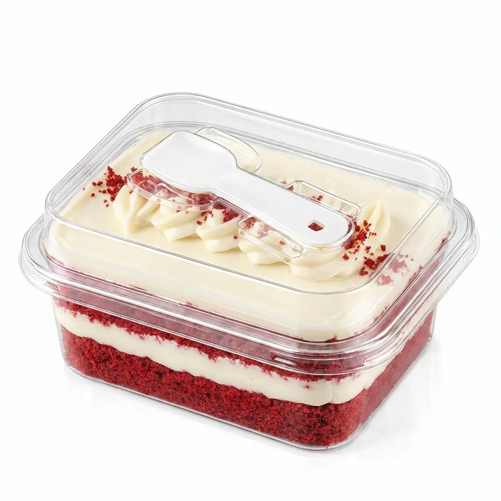 clear-rectangular-pet-cake-box-red-velvet-cake Clear rectangular PET cake box with spoon lid for red velvet cake