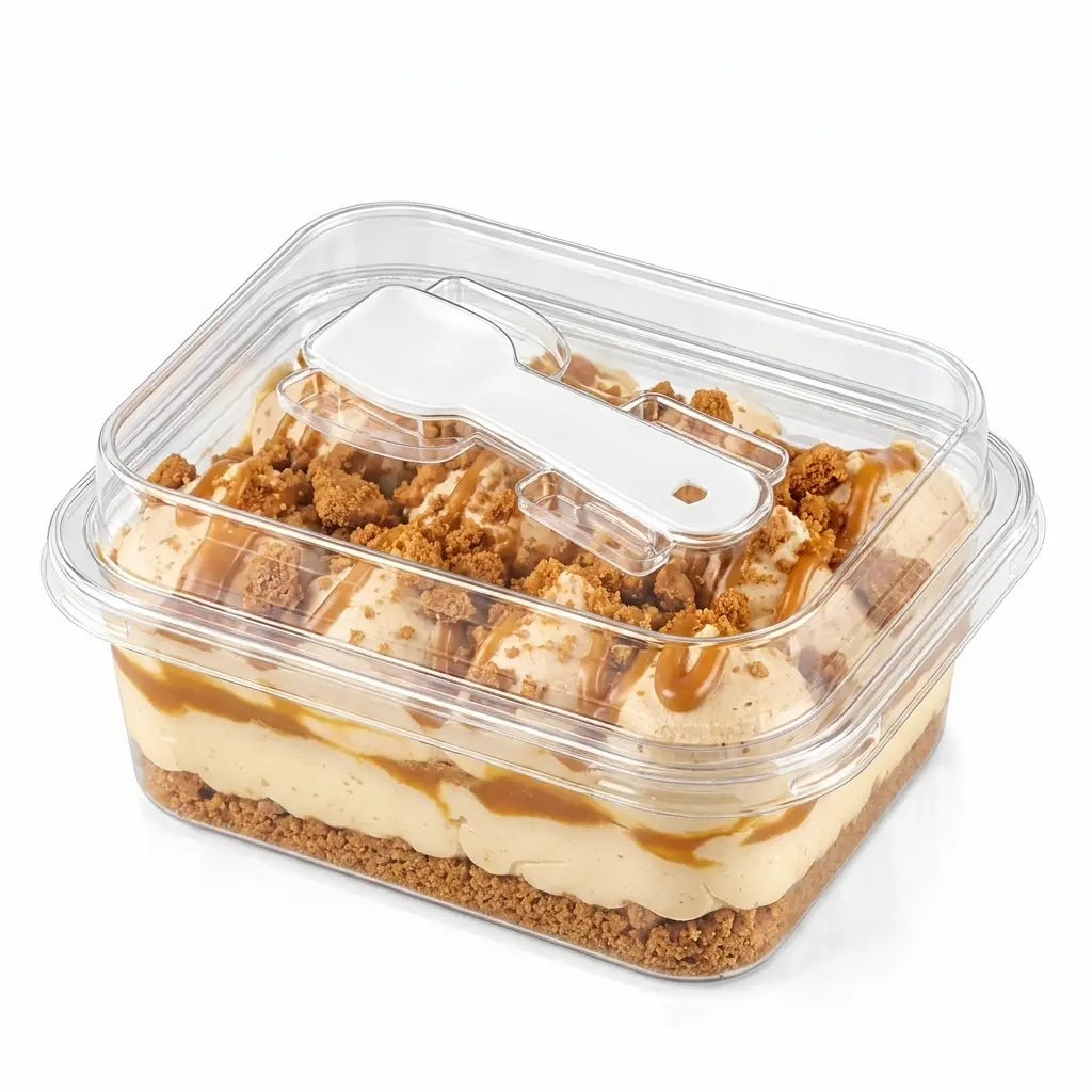 clear-rectangular-pet-dessert-box-caramel-crumb-cheesecake Clear rectangular PET dessert box with integrated spoon lid for caramel crumb cheesecake
