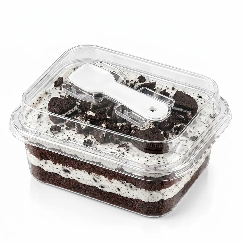 clear-rectangular-pet-dessert-box-cookies-cream-cake Clear rectangular PET dessert box with spoon lid for cookies and cream cake