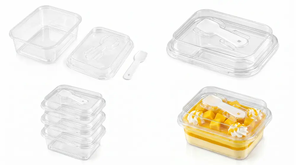 Clear rectangular PET dessert box functional design with split lid spoon holder stackable structure and clear display